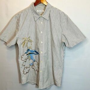Anthony Caputo Rare Womens Size L Shirt Blouse Striped Embroidered Palm Tree